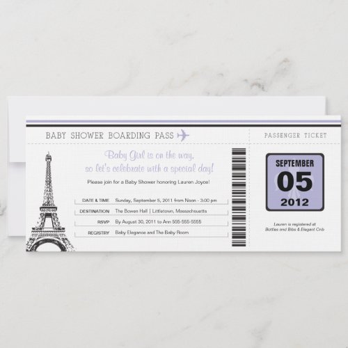 Girl Baby Shower Boarding Pass to Paris Invitation