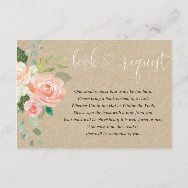 girl baby shower book request, peach rustic kraft enclosure card (Front)