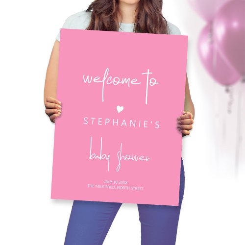 Girl Baby Shower Bright Pink Minimalist Welcome Poster