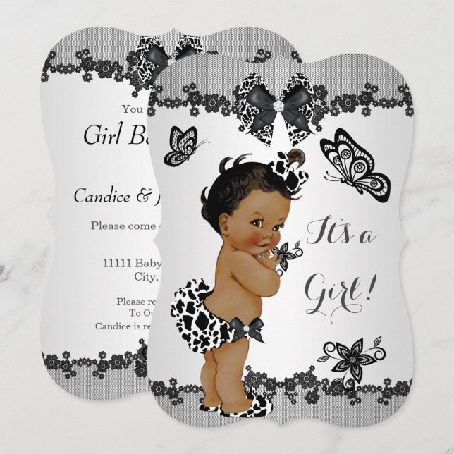 Girl Baby Shower Butterfly Black White Ethnic Invitation (Front/Back)