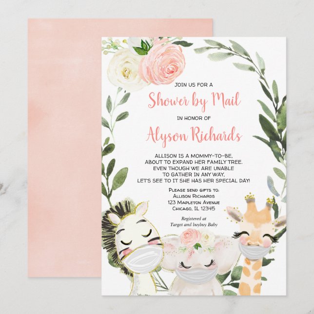 Girl baby shower by mail Animals with masks Invitation (Front/Back)