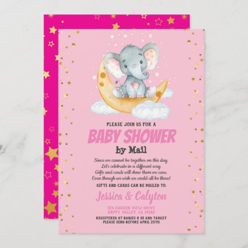 Girl baby shower by mail elephant moon and star invitation