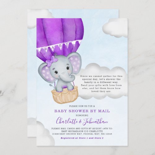 Girl Baby Shower By Mail Elephant Purple Invitation