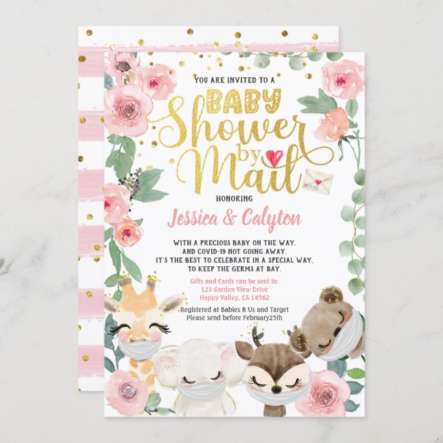Girl Baby Shower By Mail Pandemic Woodland Animal Invitation (Front/Back)