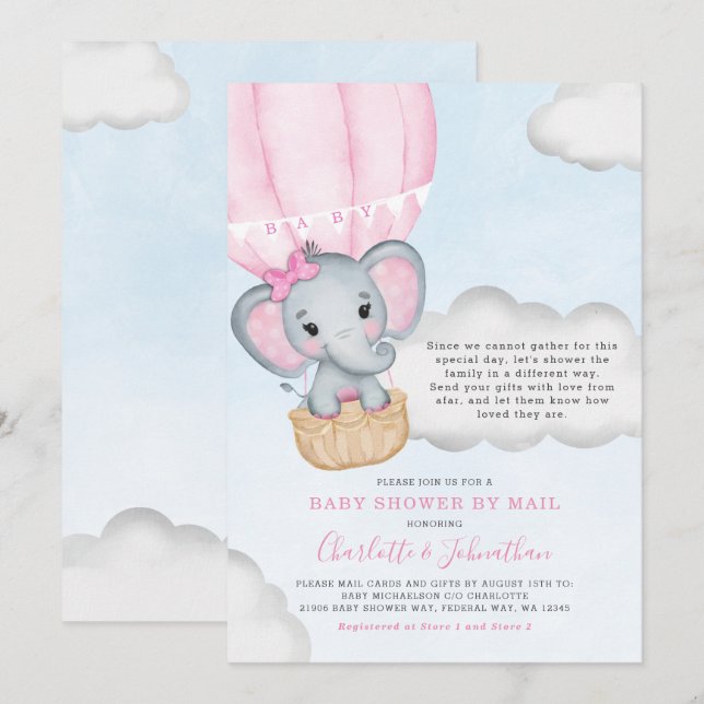 Girl Baby Shower By Mail Pink Elephant Invitation (Front/Back)
