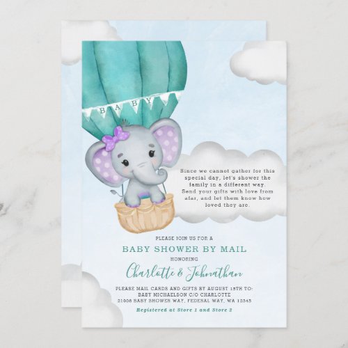 Girl Baby Shower By Mail Purple Elephant Invitation