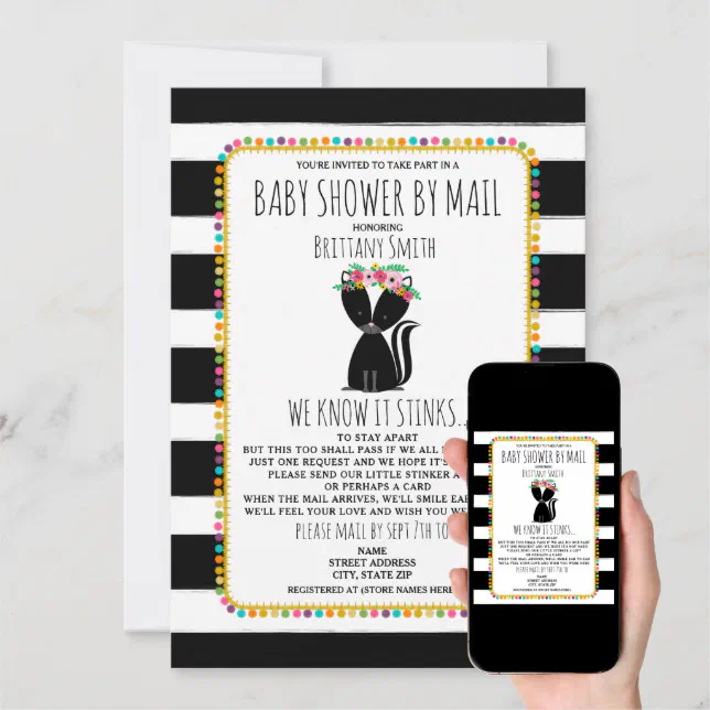 Girl Baby Shower By Mail Social Distancing Skunk Invitation Zazzle