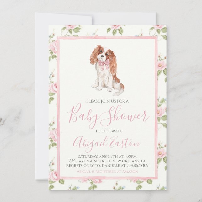 Girl Baby Shower Cavalier Puppy Dog  Invitation (Front)