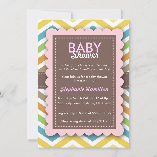Girl Baby Shower Chevron Frame Colorful Invitation (Front)