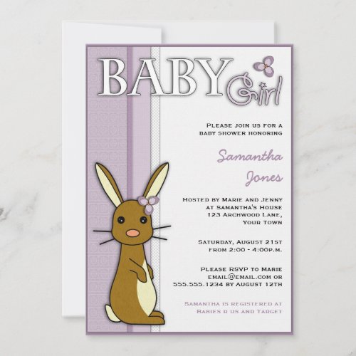 Girl Baby Shower Cute Bunny Flower - Purple Custom Invitation