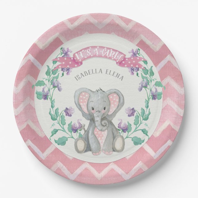 Girl Baby shower Cute Elephant Sweet Peas Chevron Paper Plates (Front)