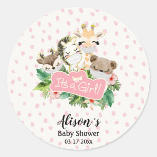 Girl Baby Shower Cute Gold Safari Animal Friends Classic Round Sticker