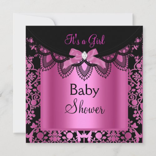 Girl Baby Shower Damask Hot Pink Black Invitation