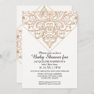 Girl Baby Shower Damask Pattern Rose Gold Dot Lace Invitation