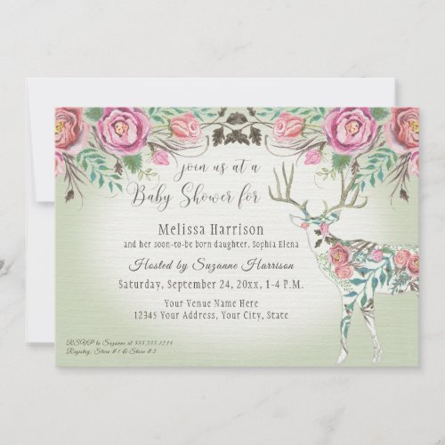 Girl Baby Shower Elegant Rose Floral Deer Antler Invitation