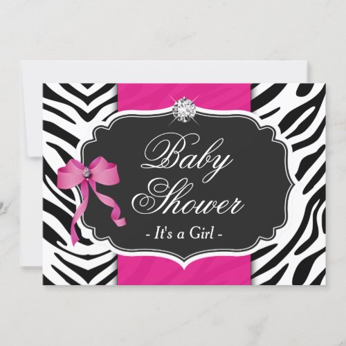Girl Baby Shower _ Elegant Zebra Print Hot Pink Invitation