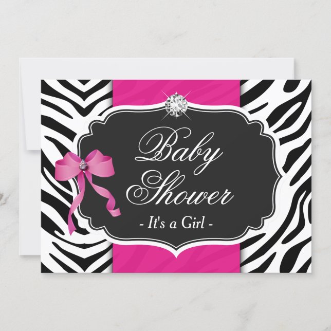 Girl Baby Shower - Elegant Zebra Print Hot Pink Invitation (Front)