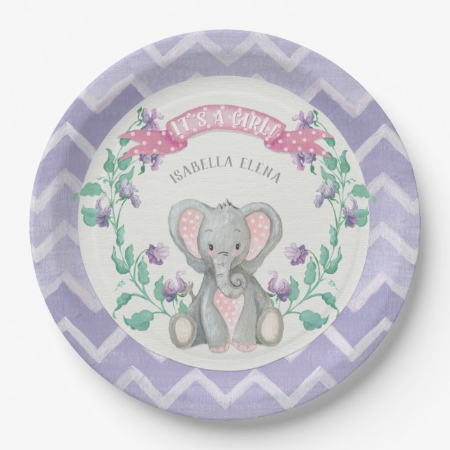Girl Baby shower Elephant Adorable Elephant Floral Paper Plates (Front)