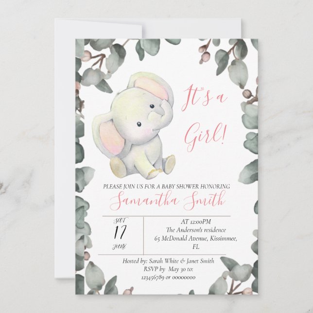 Girl Baby shower Elephant Eucalyptus Leaves  Invitation (Front)