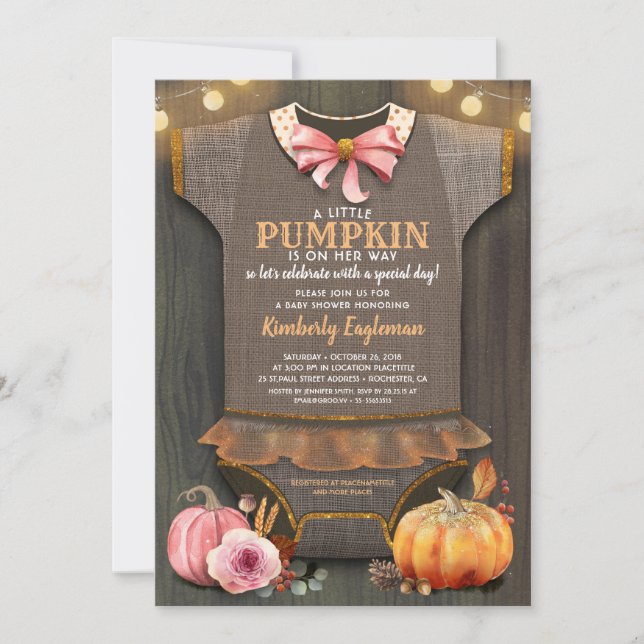 Girl Baby Shower Fall Pumpkin Rustic Burlap Wood Invitation (Front)