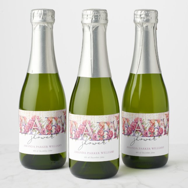 Girl Baby Shower Floral Letters Personalized Sparkling Wine Label (Bottles)
