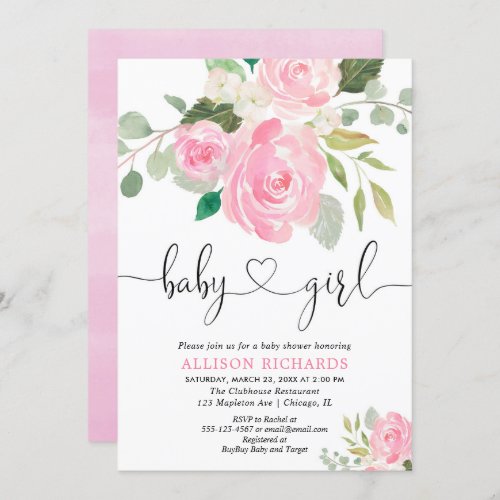 Girl baby shower floral watercolors blush pink invitation