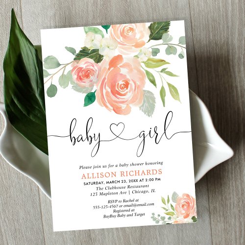 Girl baby shower floral watercolors peach greenery invitation