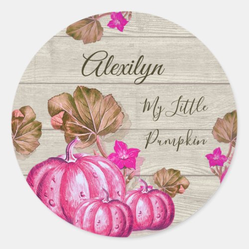 Girl Baby Shower Gray Wood Autumn Pink Pumpkin Cla Classic Round Sticker