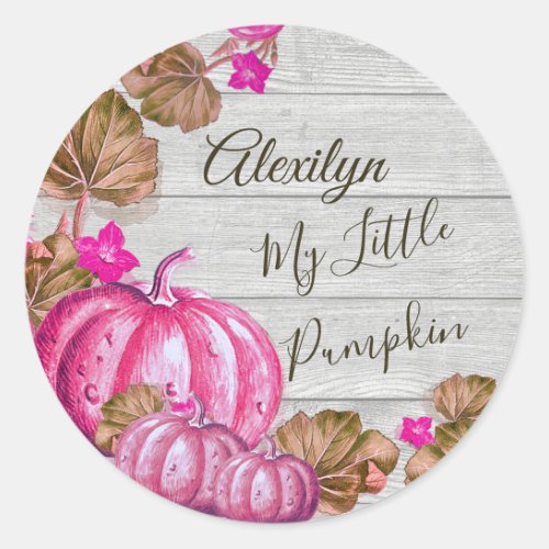 Girl Baby Shower Gray Wood Autumn Pink Pumpkin Cla Classic Round Sticker