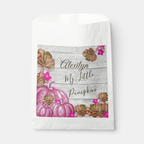 Girl Baby Shower Gray Wood Autumn Pink Pumpkin Favor Bag