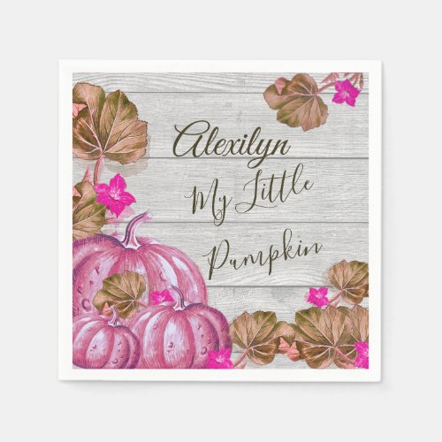 Girl Baby Shower Gray Wood Autumn Pink Pumpkin  Napkins