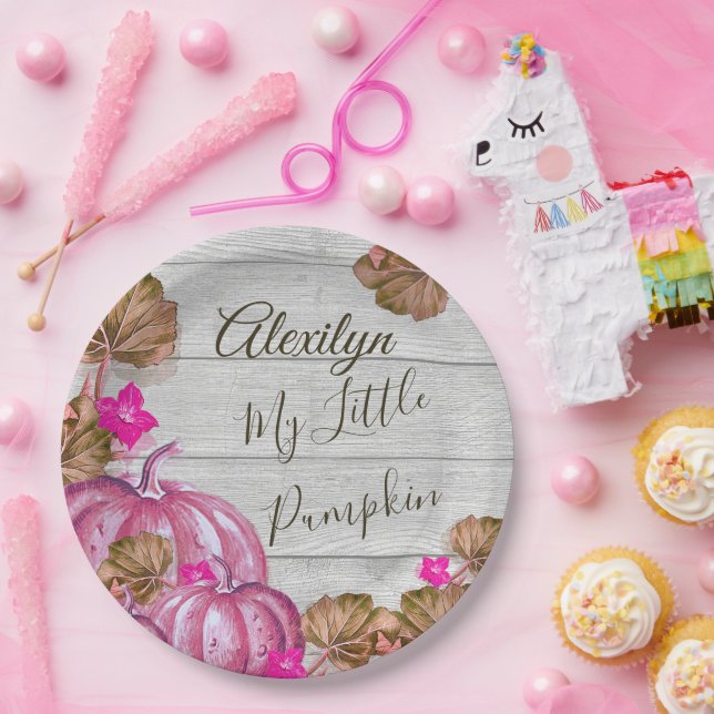 Girl Baby Shower Gray Wood Autumn Pink Pumpkin  Paper Plates (Party)