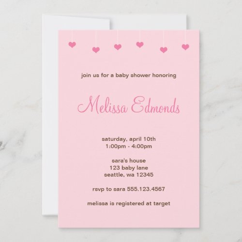 Girl Baby Shower Hanging Light Pink Hearts Invitation