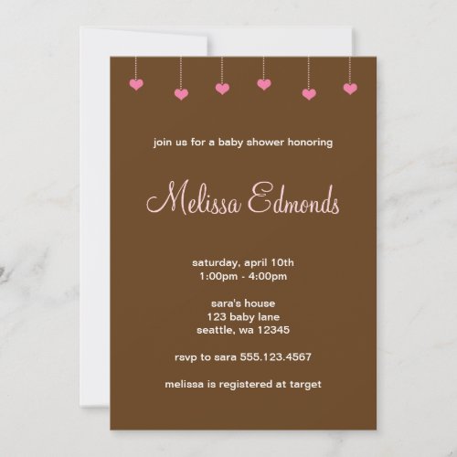 Girl Baby Shower Hanging Pink Hearts Personalized Invitations