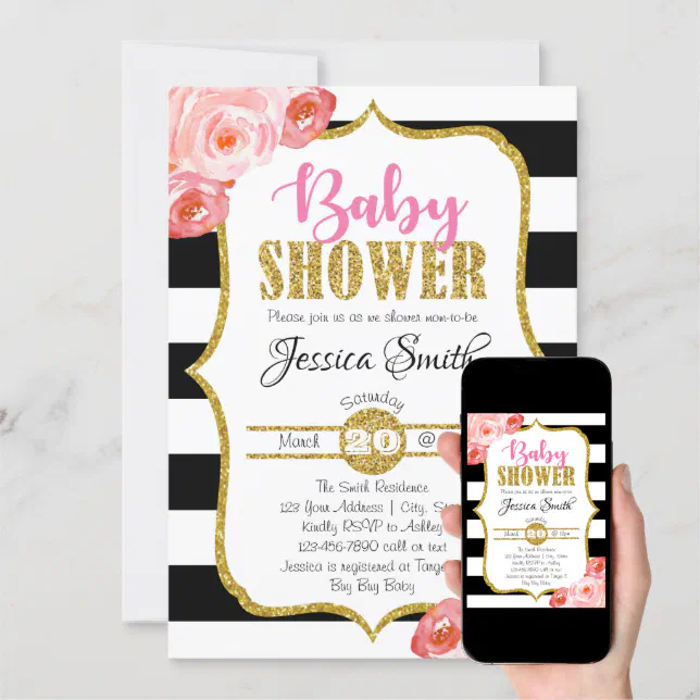 Girl Baby Shower Invitation Black Stripe Pink Gold | Zazzle