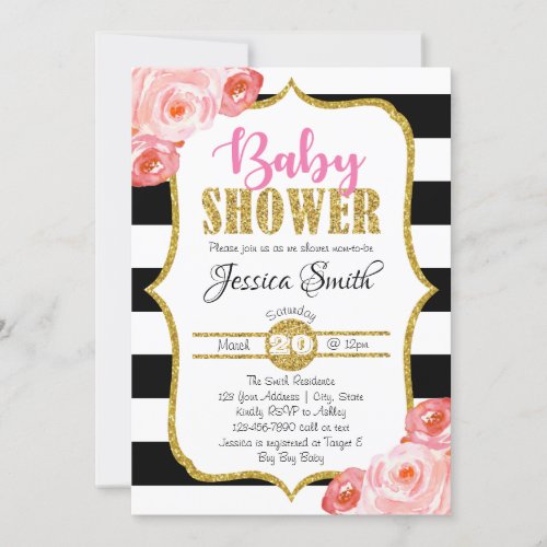 Girl Baby Shower Invitation Black Stripe Pink Gold