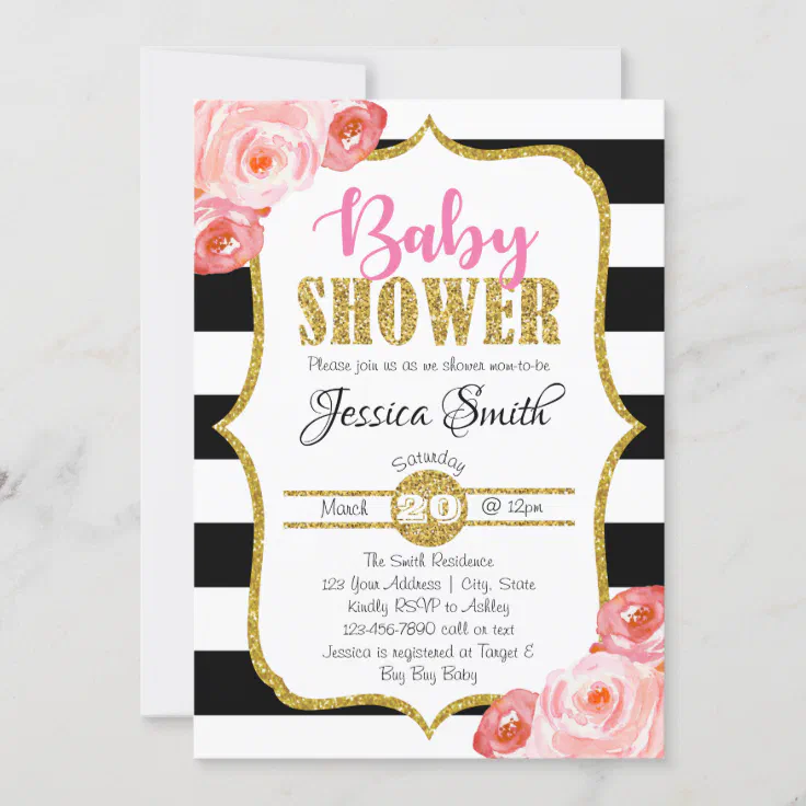 Girl Baby Shower Invitation Black Stripe Pink Gold Zazzle