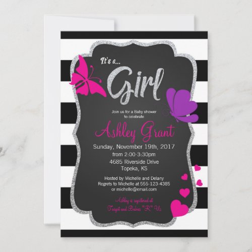 Girl Baby Shower Invitation Chalkboard Butterfly Invitation
