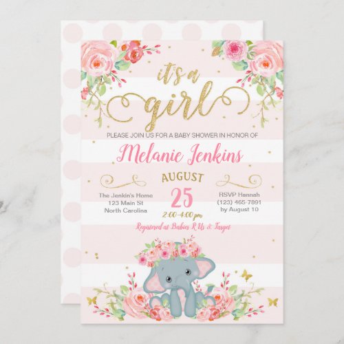 Girl Baby Shower Invitation Elephant Baby Shower Invitation