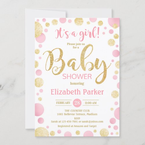 Girl Baby Shower Invitation _ Pink Gold Dots