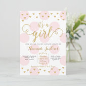 Girl Baby Shower Invitation Pink & Gold Hearts (Standing Front)
