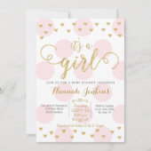 Girl Baby Shower Invitation Pink & Gold Hearts (Front)