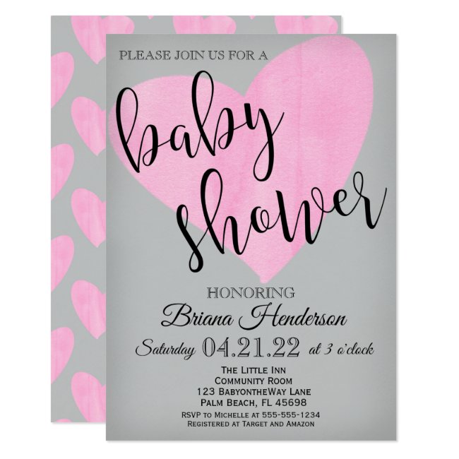 Girl Baby Shower Invitation Pink Heart Script