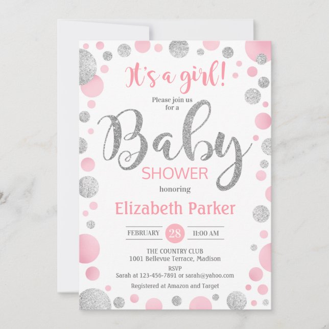 Girl Baby Shower Invitation - Pink Silver Dots (Front)