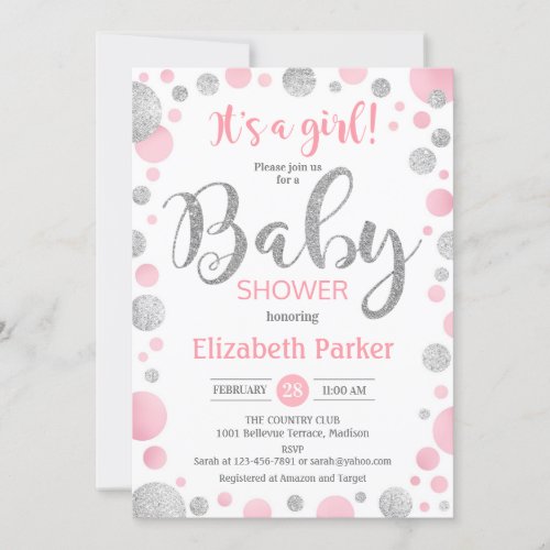 Girl Baby Shower Invitation _ Pink Silver Dots