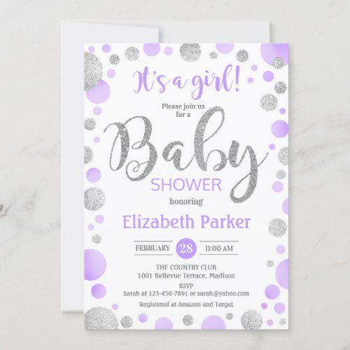 Girl Baby Shower Invitation _ Purple Silver Dots
