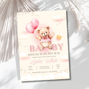 Girl Baby Shower invitation, Teddy Bear Balloons Invitation