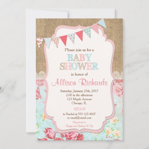 Girl baby shower invitations burlap lace rustic