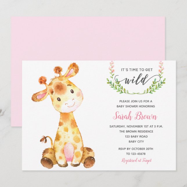 Girl Baby Shower Invitations (Giraffe Pink) (Front/Back)