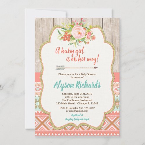 Girl baby shower invitations tribal baby shower invitation